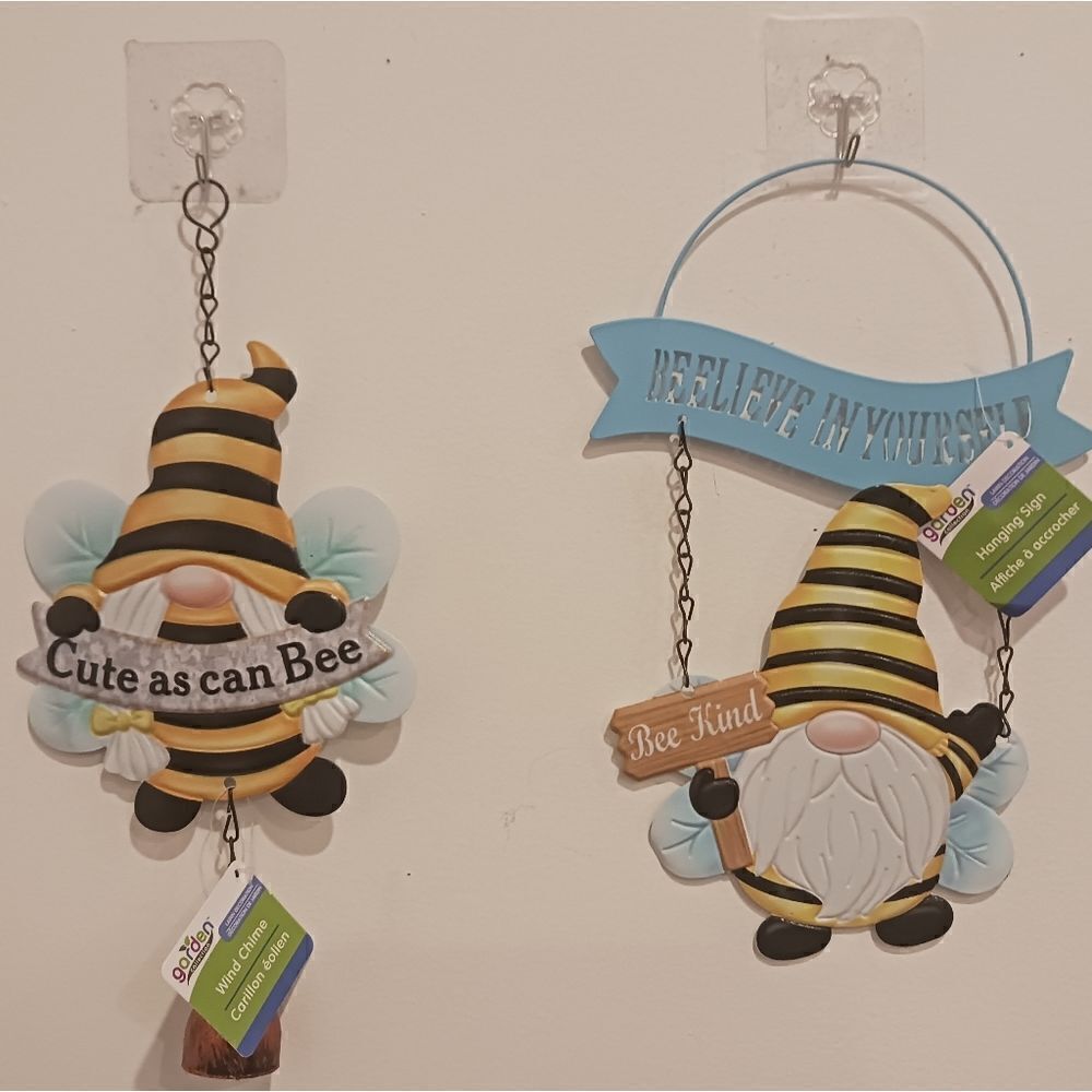 3 for 26 - Cute as can Bee Gnome wind chime & Beelieve in Yourself Hanging Sign